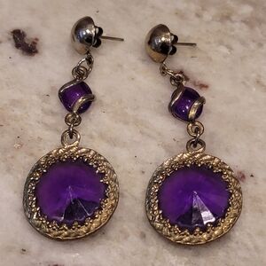 Vtg Faux Amethyst Dangle Earrings